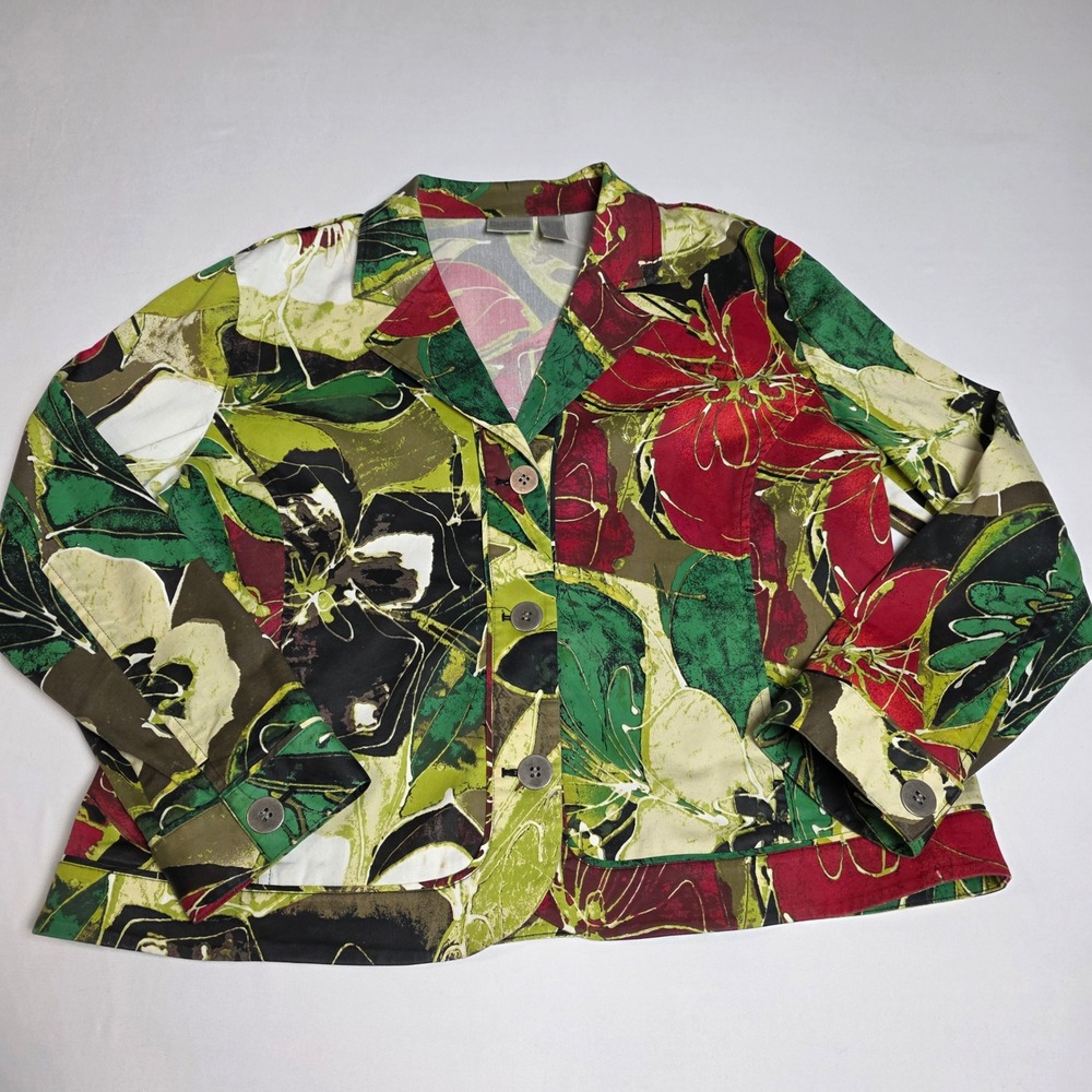 Chico's Floral Button Jacket Womens Size 12-14 Green Red Black Stretch Cotton